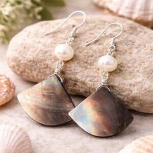 Two-Tone Black Mother of Pearl Shell Earrings with Freshwater Pearl, Iridescent